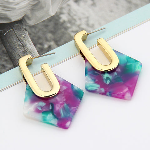 Vintage Acrylic Geometric Hanging Earrings For Women Statement Metal Square Hollow Drop Earrings